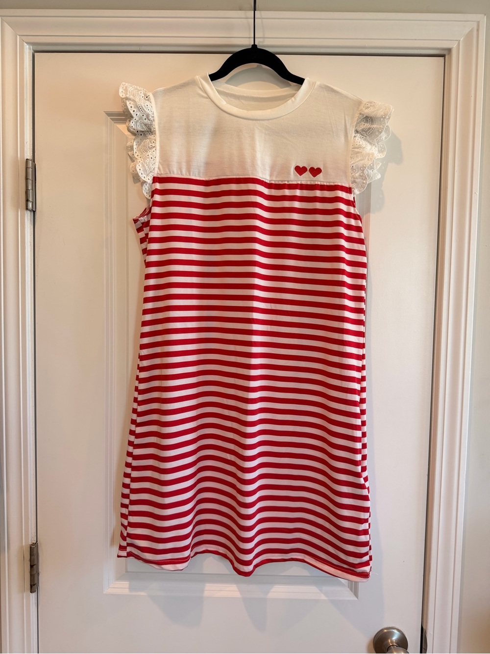 Women’s Red & White Stripe Dress with Eyelet Ruffle Sleeves